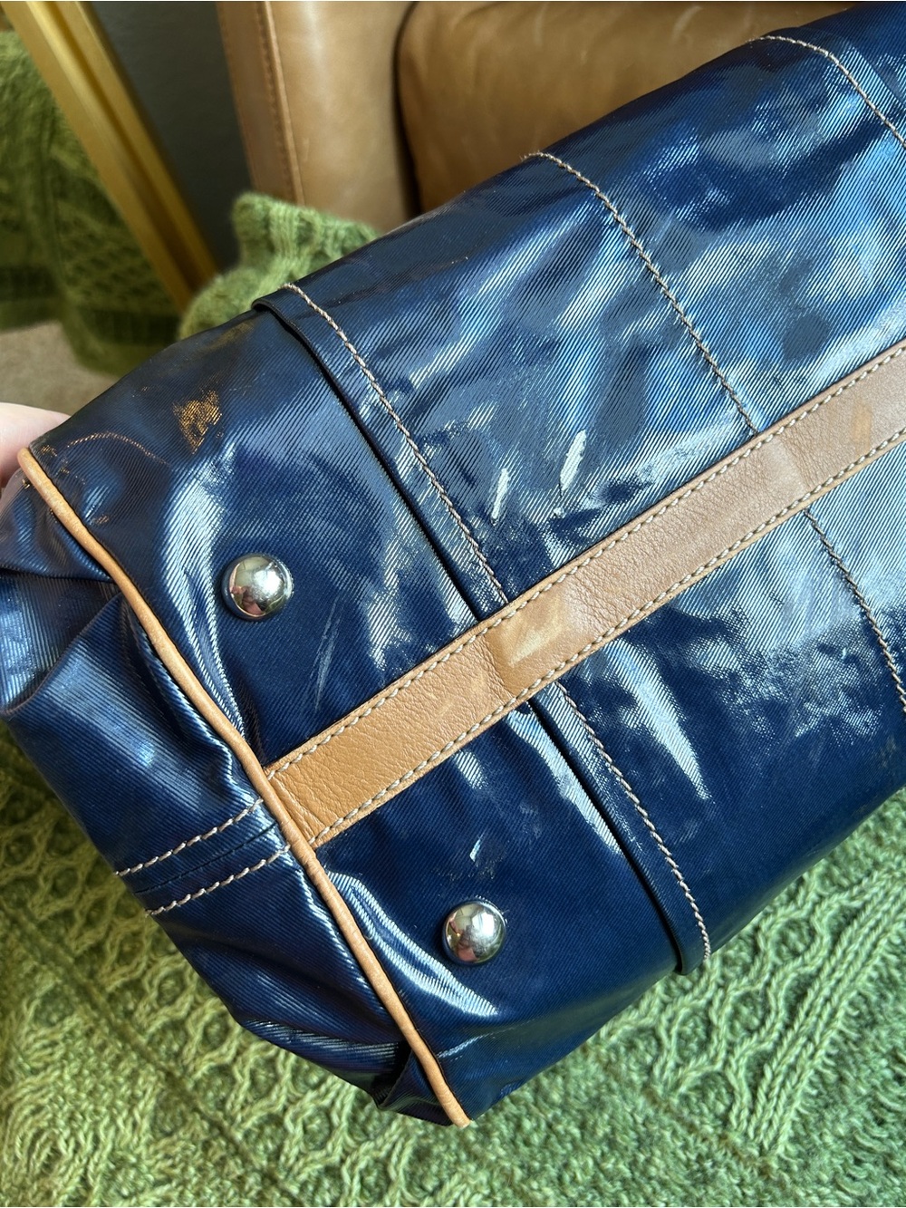 TOD’S Navy Patent Coated Canvas Satchel with Brown Leather Trim - Picture 6 of 16